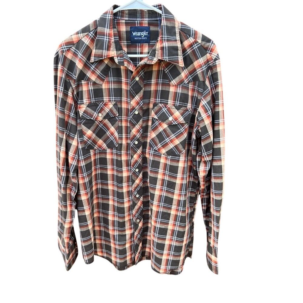 Wrangler Mens Medium Western Pearl Snap Shirt Plaid Brown/Tan Long Sleeve Cowboy